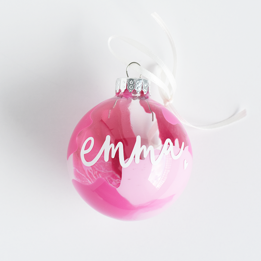 Customized marbled ornaments - hand lettered